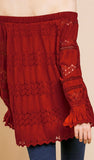 Flirty Off shoulder puff sleeve crochet top in Burgundy