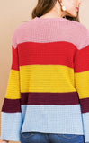 Long Bell Sleeve Colorblock Waffle Knit Sweater with Ribbed Neckline