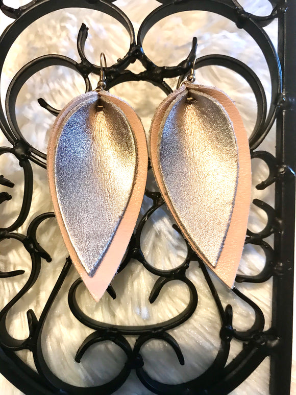 Rosegold Genuine Leather Layered Pointed Tear Drop Earring 3.5