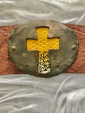Leather Cuff – Cross with yellow and black snakeskin accent- medium brown leather