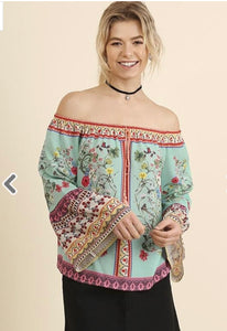 Off Shoulder Floral Print Top with Bell Sleeves and Drawstring