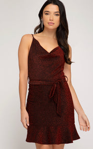 The perfect sparkly red dress- Cowl neck lurex cami dress with waist tie