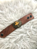 Leather Cuff – Cross with yellow and black snakeskin accent- medium brown leather